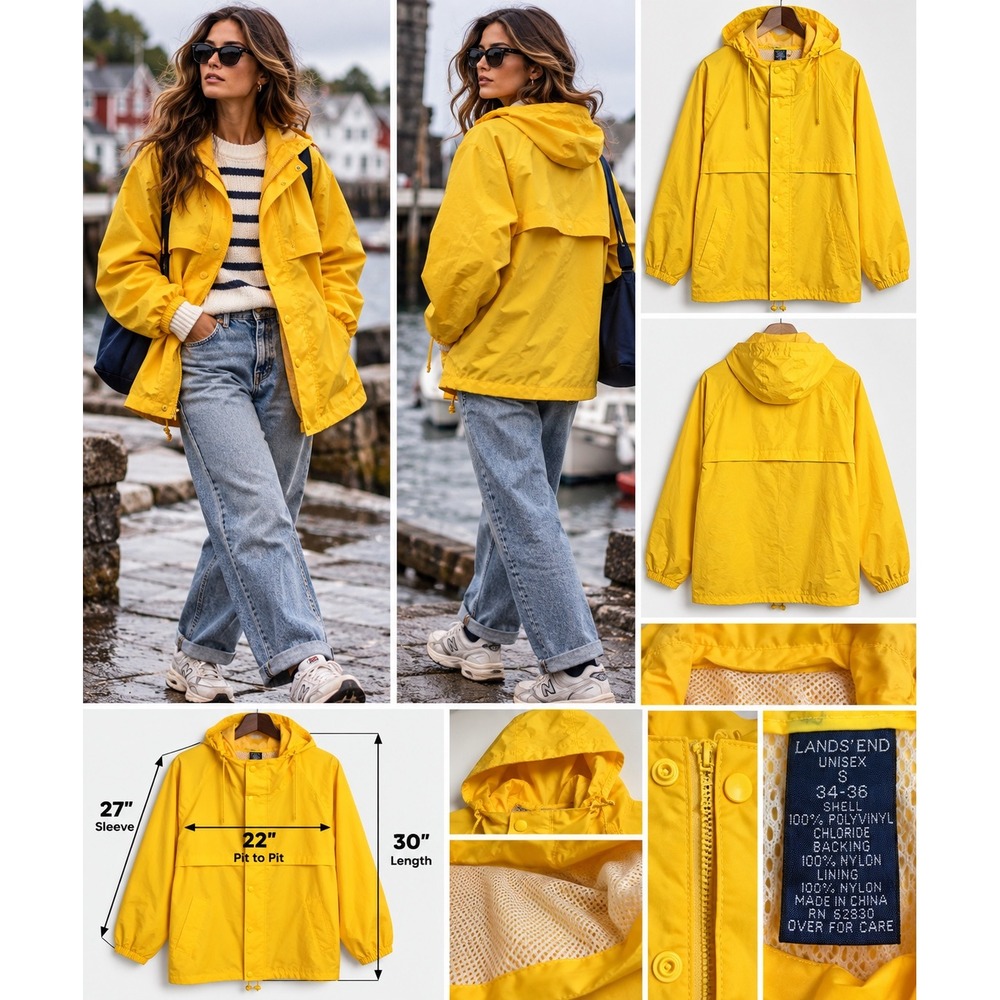 Vintage Lands End Yellow Rain Jacket S Unisex Gorpcore Hooded New England 90s